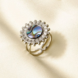 Нержавеющая Сталь Цвет 304 Открытые кольца-манжеты из нержавеющей стали с натуральными ракушками для женщин, солнце, цвет нержавеющей стали, 20 мм, внутренний диаметр: 17 мм