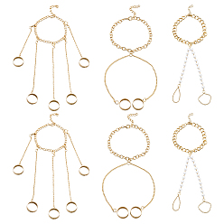 Golden 6Pcs 3 Styles Iron & Imitation Pearl & Aluminum Chain Double Toe Ring Anklets for Women, White, Golden, 7-3/8~8-5/8 inch(187~220mm), 2pcs/style