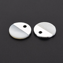 Platinum Natural Freshwater Shell Charms, with UV Plated, Falt Round, Platinum, 15x1.5mm, Hole: 2mm