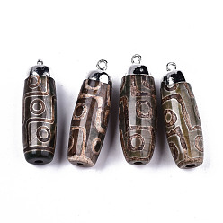 Yellow Green Tibetan Style 9-EyedZi Pendants, Natural Agate Rice Pendants, with Platinum Brass Findings and Iron Loop, Dyed, Barrel, Yellow Green, 44.5~46x14~15mm, Hole: 2mm