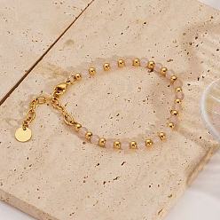 Розовый Кварц Женские браслеты из натурального розового кварца в богемном стиле с круглыми бусинами, застежка из нержавеющей стали, реальный 18 k позолоченный, 6-1/4 дюйм (16 см)