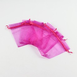 Deep Pink Organza Gift Bags, with Drawstring, Rectangle, Deep Pink, 12x10cm