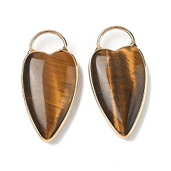 Тигровый глаз Природных тигровый глаз подвески, подвески в форме сердца с латунной оправой, золотые, 35x17x6 мм, отверстие : 6x9 мм
