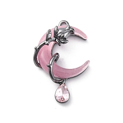 Бледно-Розовый Подвески из сплава и страза, луна с розой, cmолой, стойки покрытие, металлический черный , розовый жемчуг, 33x21x10 мм, отверстие : 1.8 мм