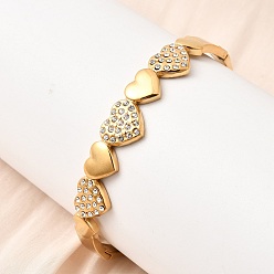 Кристалл 304 Шарнирные браслеты из нержавеющей стали со стразами для женщин, сердце, реальный 18 k позолоченный, ионное покрытие (ip), долговечный, кристалл, внутренний диаметр: 2.34x1.95 дюйм (5.95x4.95 см)