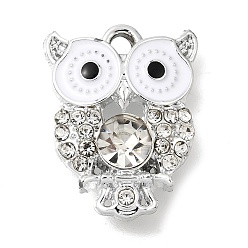 Platinum Alloy Enamel Pendants, Owl Charms, with Rhinestone, Platinum, 20x15.5x5mm, Hole: 2mm