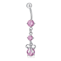 Pink Piercing-Schmuck, umweltfreundlicher kubischer Zirkiona-Nabelring aus Messing, Bauchringe, mit 304 Edelstahlleiste, Schleife, rosa, 45 mm, Anhänger: 23x9 mm, Stift: 1.5 mm