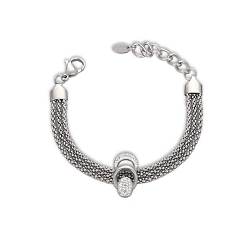 Stainless Steel Color 304 Stainless Steel Popcorn Chains Triple Layer Multi-strand Bracelet, with Cubic Zirconia Teardrop Links, Stainless Steel Color, 6-3/4 inch(17.3cm)