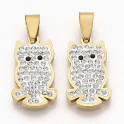 Golden 201 Stainless Steel Pendants, with Random Size Snap On Bails and Polymer Clay Crystal Rhinestones, Owl, Golden, 24x14x3mm, Hole: 8~10x3~5mm