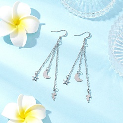 Нержавеющая Сталь Цвет 304 из нержавеющей стали болтаться серьги, с кабельной цепью и 201 нержавеющей сталью, луна со звездой и молнией, цвет нержавеющей стали, 80.5 мм