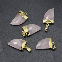 Rose Quartz Natural Rose Quartz Pendants, with Long-Lasting Plated Brass Findings, Faceted, Scabbard, Golden, 19.5x11x5mm, Hole: 3.5x5.5mm