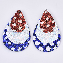 Синий Тема дня независимости, большие кожаные подвески, с блестками / пайеткой и железной петлей платинового тона, слеза, синие, 70x46x4.5 мм, отверстие : 4.5 мм