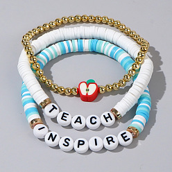 Bleu Ciel Lettre en plastique pour la journée des enseignants, inspirant, enseignant, pâte polymère, ensembles de bracelets extensibles en perles heishi, Bracelet empilable ajustable à pomme rouge 3, bleu ciel, 6.89 pouce (17.5 cm), 3 pièces / kit