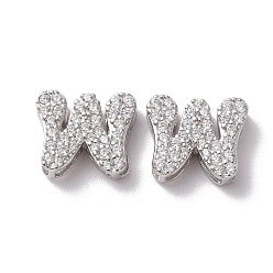 Letter W 925 Sterling Silver Micro Pave Cubic Zirconia Beads, Real Platinum Plated, Letter W, 9.5x11x3.5mm, Hole: 2.5x1.5mm