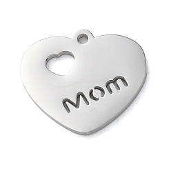 Нержавеющая Сталь Цвет День матери не тускнеющие 304 подвески из нержавеющей стали, лазерная резка, Сердце со словом мама-оберег, цвет нержавеющей стали, 17.8x20x1.5 мм, отверстие : 1.6 мм
