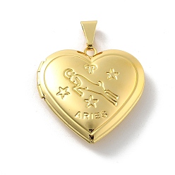 Овен Подвески латуни медальон, без свинца и без кадмия, долговечный, стойки покрытие, реальный 18 k позолоченный, сердце с двенадцатью созвездиями, Овен, 29x28.5x7 мм, отверстие : 7.5x3.5 мм, внутренний диаметр: 20x21 мм