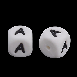 White Food Grade Eco-Friendly Silicone Beads, Cube with Russian letters, White, 12x12x12mm, Hole: 2mm