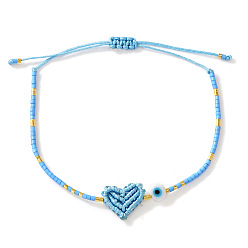 Небесно-голубой Браслеты из бисера и плетеного бисера., плетеные браслеты из полиэфирного шнура для женщин, сердце и сглаз, голубой, 11.02 дюйм (28 см)