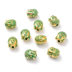 Golden & Green Patina Alloy Beads, Buddha's Head, Golden & Green Patina, 10.5x8.6x7.7mm, Hole: 2mm