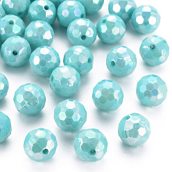 Medium Turquoise Opaque Acrylic Beads, Faceted, Dyed, AB Color, Round, Medium Turquoise, 12x11.5mm, Hole: 1.8mm, about 560pcs/500g