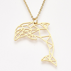 Golden 201 Stainless Steel Dolphin Pendant Necklaces, with Cable Chains, Golden, 17.5 inch~17.9 inch(44.5~45.5cm), 1.5mm, Dolphin: 31.5x40x1mm