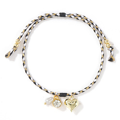 Черный Браслеты с подвесками из латуни и искусственного жемчуга, регулируемые плетеные браслеты из хлопкового шнура для женщин, Сердце & плоские круглые, чёрные, внутренний диаметр: 11 дюйм (28 см)