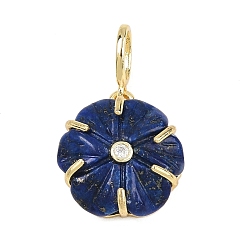 Ляпис-Лазурь Резные подвески из окрашенного натурального лазурита, подвески-цветы с латунными подвесками-паве из прозрачных кубических цирконий, золотые, стойки покрытие, 18.5x16.5x7 мм, отверстие : 6x4 мм