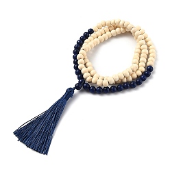 Lapis Lazuli Dual-use Items, Four Loops Wrap Bracelets or Necklaces, with Polyester Tassel, Round Natural Lapis Lazuli Beads and Wood Beads, 33-7/8 inch(86cm)