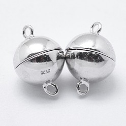 Platinum Rhodium Plated 925 Sterling Silver Magnetic Clasps, with 925 Stamp, Round, Platinum, 12x8mm, Hole: 1mm