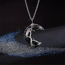 (946F)Морозный цвет внутри  Жонкиль / Непрозрачная зеленая подкладка Смола с натуральным черным агатовым чипом внутри луны с деревом жизни ожерелья с подвеской из медной проволоки, платина, 17.72 дюйм (45 см)