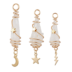 Белый 3 шт. 3 стили гальванизированные самородки из натурального кварца, обернутые медной проволокой подвески, с латунной луной и звездой в виде молнии, золотой свет, белые, 43.5~46x7.5~13.5x8~10 мм, отверстие : 3.5 мм, 1 шт / стиль