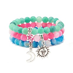 (52) Непрозрачная лаванда 3Набор браслетов из бисера из натурального состаренного агата (окрашенный), браслеты с подвесками в виде солнца, звезды и луны, разноцветные, внутренний диаметр: 2 дюйм (5.1 см), 3 шт / комплект