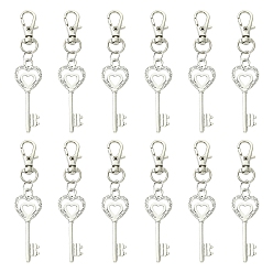 Plateado Antiguo & Platino 6Piezas de decoraciones colgantes de aleación con forma de llave de corazón, con cierres giratorios, plata antigua y platino, 85 mm