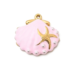 Розовый 304 нержавеющей стальной эмали подвески, в форме ракушки с подвесками в виде морских звезд, с abs имитационными жемчужными бусинами , ионное покрытие (ip), реальный 18 k позолоченный, туманная роза, 20x21x4.5 мм, отверстие : 1.2 мм
