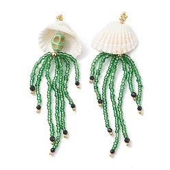 Зеленый Подвески в виде черепа медузы из окрашенной синтетической бирюзы, натурального черного оникса и стеклянных бусин, с ракушкой и золотыми латунными бусинами, зелёные, 84x27x13 мм, отверстие : 1 мм