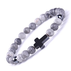 Камень Карты Эластичные браслеты из натурального камня-карты и синтетических немагнитных гематитовых бусин для женщин и мужчин., круглый и крест, 7.09 дюйм (18 см)