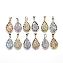 Mixed Color Mixed Color Plated Eco-Friendly Brass Micro Pave Cubic Zirconia Pendants, Long-Lasting Plated, Teardrop, Mixed Color, 23x14x3mm, Hole: 4x6mm