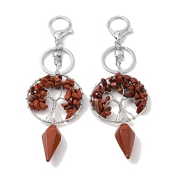 Red Jasper Natural Red Jasper Gemstone Keychain, with Platinum Brass & Iron Findings, Long-Lasting Plated, Lead Free & Cadmium Free, Flat Round with Tree of Life, 15.7cm