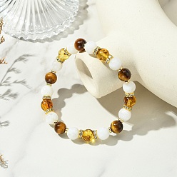 Saddle Brown Natural Amber & Tiger Eye & Rainbow Moonstone Round Beaded Stretch Bracelets, Golden, Saddle Brown, Inner Diameter: 2.17 inch(5.5cm)