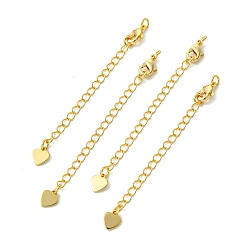 Real 18K Gold Plated SHEGRACE Brass Curb Chain Extender, End Chains with Lobster Claw Clasps and Heart Charms, Cadmium Free & Nickel Free & Lead Free, Real 18K Gold Plated, 58~60x5mm