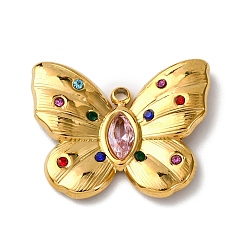 Разноцветный 304 из нержавеющей стали горный хрусталь подвески, бабочки прелести, вакуумное покрытие pvd, реальный 18 k позолоченный, красочный, 17.5x21x3 мм, отверстие : 1.6 мм