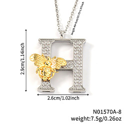 Letter H Подвеска в виде пчелы с микропаве из прозрачного кубического циркония в виде микрофибры, латунная, с инициалами., платиной и золотом, Письмо ч, 15.75 дюйм (40 см), Кулон : 29x26 мм