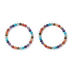 Mixed Stone 2Pcs Chakra Natural Mixed Gemstone Beads Stretch Bracelets for Women, Round, Bead: 6~7mm, Inner Diameter: 2-1/4 inch(5.7cm)