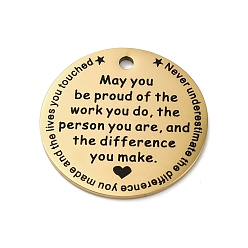 Золотой 201 подвески из нержавеющей стали, сообщение очарование, плоский круглый шарм, золотые, 30x1.5 мм, отверстие : 2.5 мм