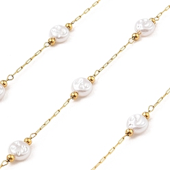 Настоящее золото 18K Ионное покрытие (ip) 304 цепи для канцелярских скрепок из нержавеющей стали, пайки, с abs имитационными жемчужными бусинами , плоско-круглые, реальный 18 k позолоченный, 5.5x6.5x3.5 мм, около 16.40 футов (5 м) / рулон