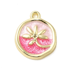 Pink Сплав эмали прелести, стойки покрытие, долговечный, без свинца, без кадмии и без никеля, золотой свет, плоская круглая с подвеской в виде цветка, розовые, 14.5x12.5x3 мм, отверстие : 1.2 мм
