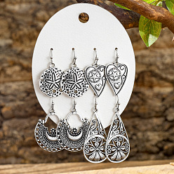 Античное Серебро 4 Парные серьги-подвески из цинкового сплава, сердце и капля и капля и плоский круглый, античное серебро, 33~49x16~25 мм