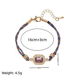 Фиолетовый Браслеты из латуни с инкрустацией кубическим цирконием., украшения из хлопкового шнура для женщин, прямоугольные, с эмалью, золотые, фиолетовые, 6.30 дюйм (16 см)