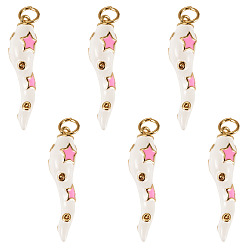 Белый 6 кулоны латунные эмалевые шт., реальный 18 k позолоченный, Рог изобилия со звездным узором, с целью перехода в кольце, белые, 26x6x6 мм, отверстие : 3.3 мм