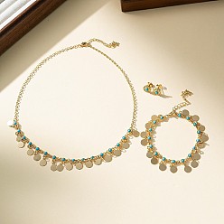 Золотой Комплекты ожерелий и браслетов с подвесками из плоского круглого сплава и синтетической бирюзы, золотые, 380 мм